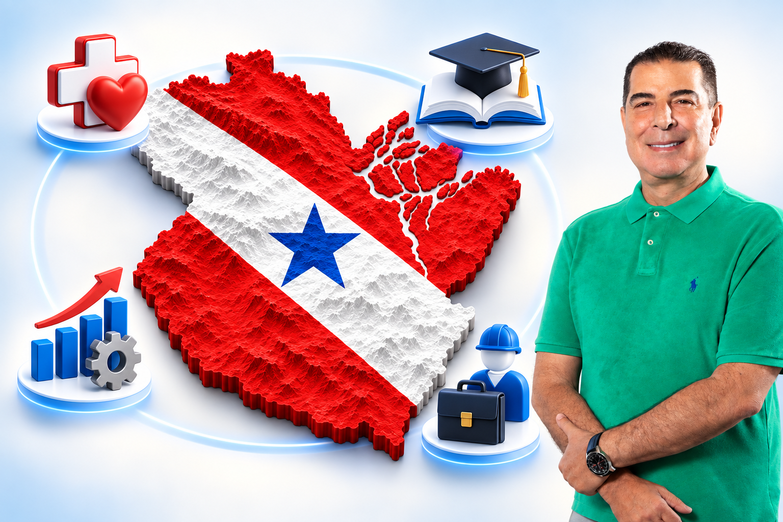 Zeca Pirão ao lado de uma representação do Pará com símbolos de saúde, educação, infraestrutura, emprego e desenvolvimento.